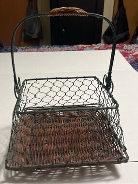 Two-Tier Rustic Wire & Wicker Basket with Handle - Green & Brown